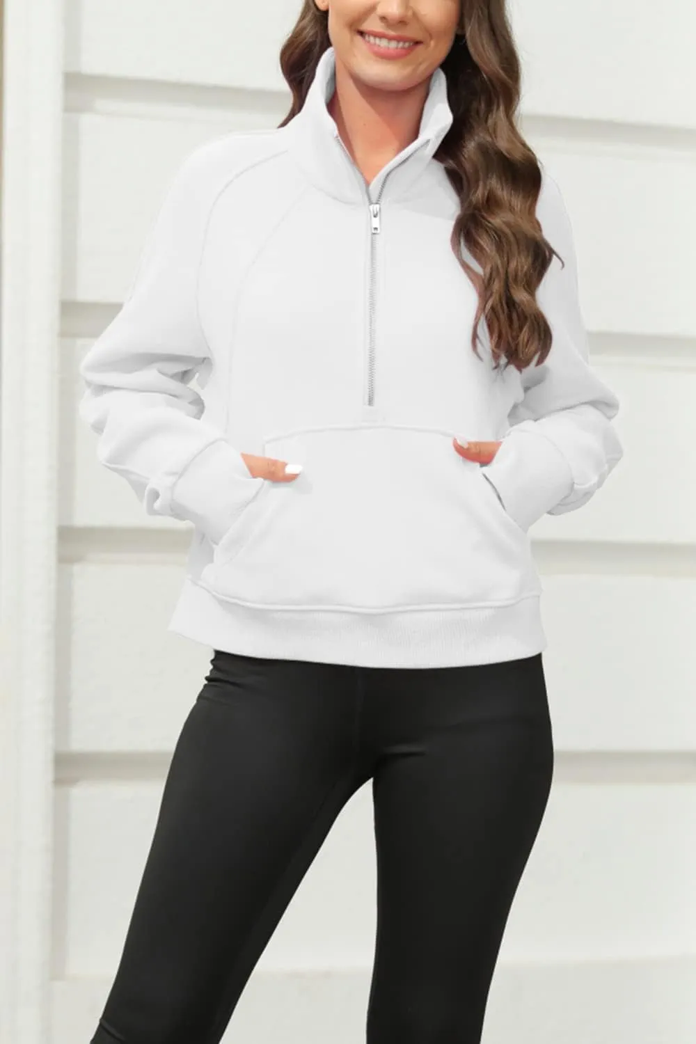 Womens Sweatshirts Half Zipper Crop Pullover Funnel Neck Fleece Lined Zip Up Long Sleeve Tops Thumb Hole