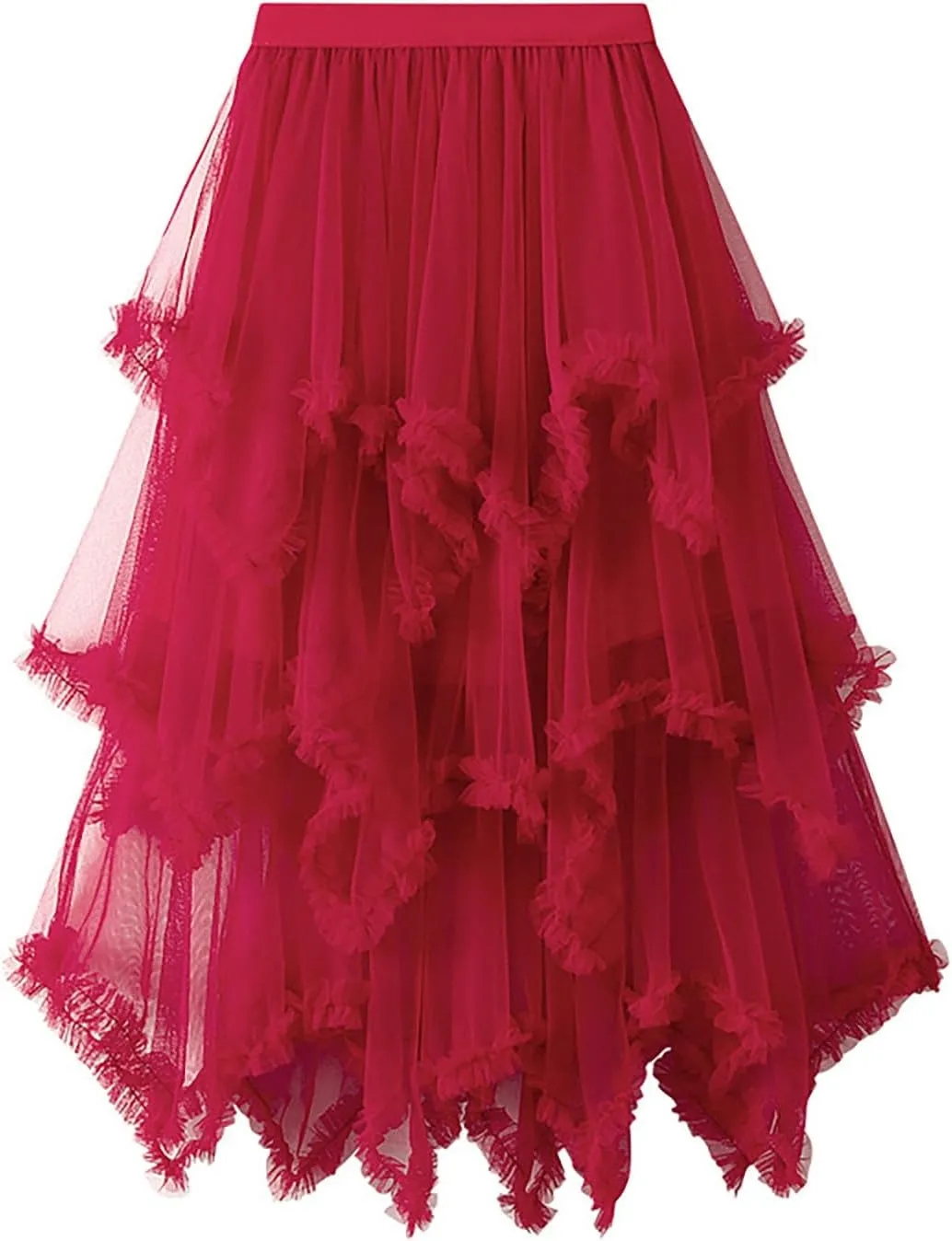 Womens Tulle Midi Skirt High Elastic Waist A-Line Mesh Elegant Long Irregular Layered Pleated Fairy Skirts for Party