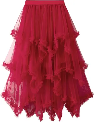 Womens Tulle Midi Skirt High Elastic Waist A-Line Mesh Elegant Long Irregular Layered Pleated Fairy Skirts for Party