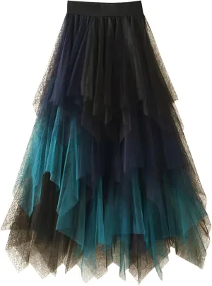 Women's Tulle Skirt Midi Long Fairy Skirt 2025 Trendy A-Line Ruffle Layered High Elastic Waist Puffy Skirts