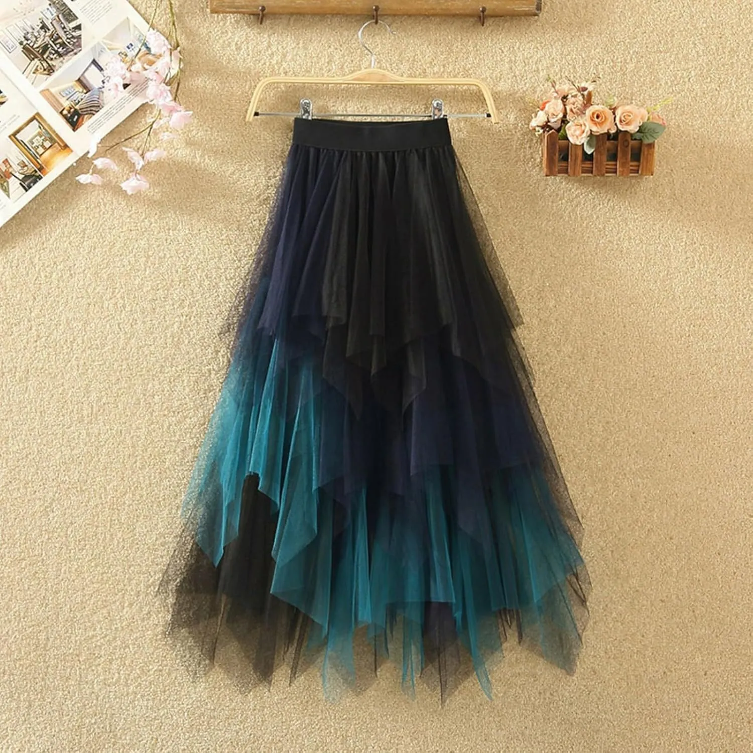 Women's Tulle Skirt Midi Long Fairy Skirt 2025 Trendy A-Line Ruffle Layered High Elastic Waist Puffy Skirts
