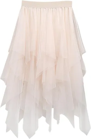 Women's Tulle Skirt Midi Long Fairy Skirt 2025 Trendy A-Line Ruffle Layered High Elastic Waist Puffy Skirts