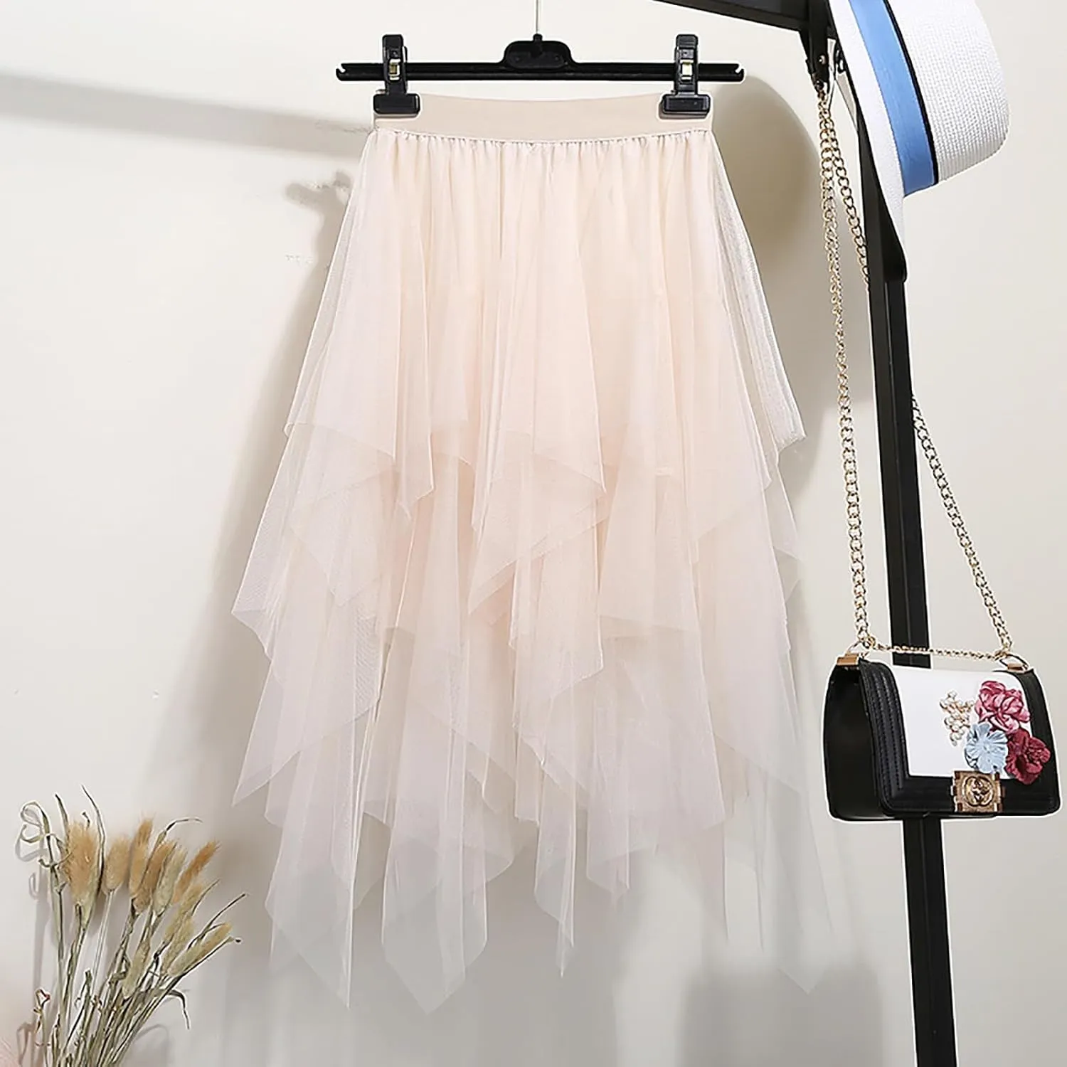 Women's Tulle Skirt Midi Long Fairy Skirt 2025 Trendy A-Line Ruffle Layered High Elastic Waist Puffy Skirts
