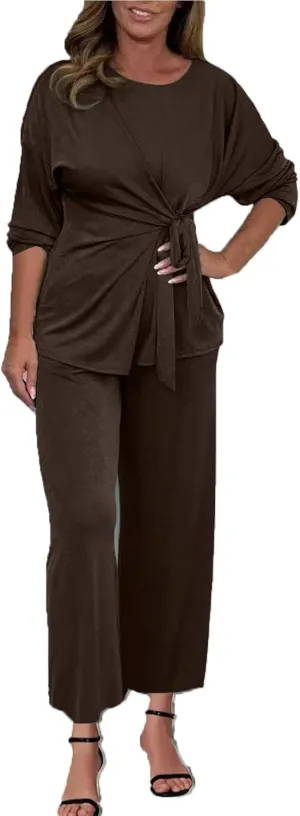 Women's Two Piece Outfits Long Sleeve Crew Neck Tie Knot Front Top and Wide Leg Pants Loose Lounge Dressy Work Sets