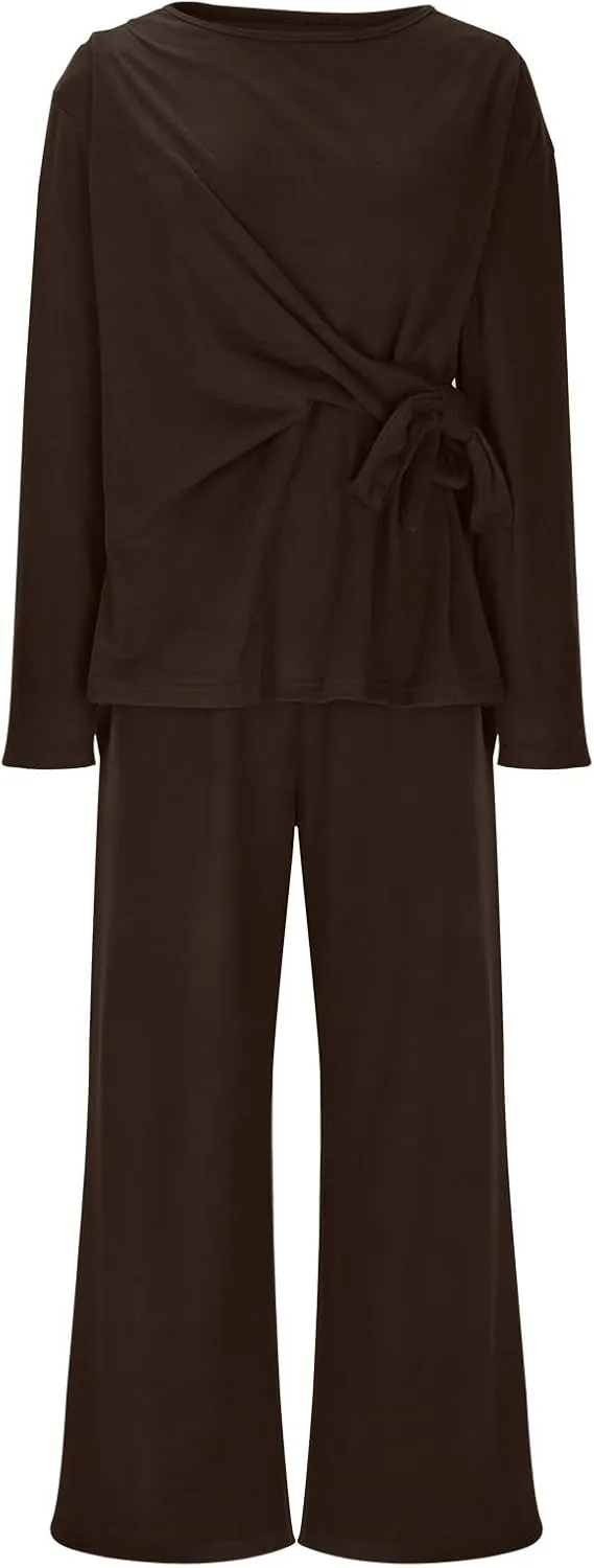 Women's Two Piece Outfits Long Sleeve Crew Neck Tie Knot Front Top and Wide Leg Pants Loose Lounge Dressy Work Sets