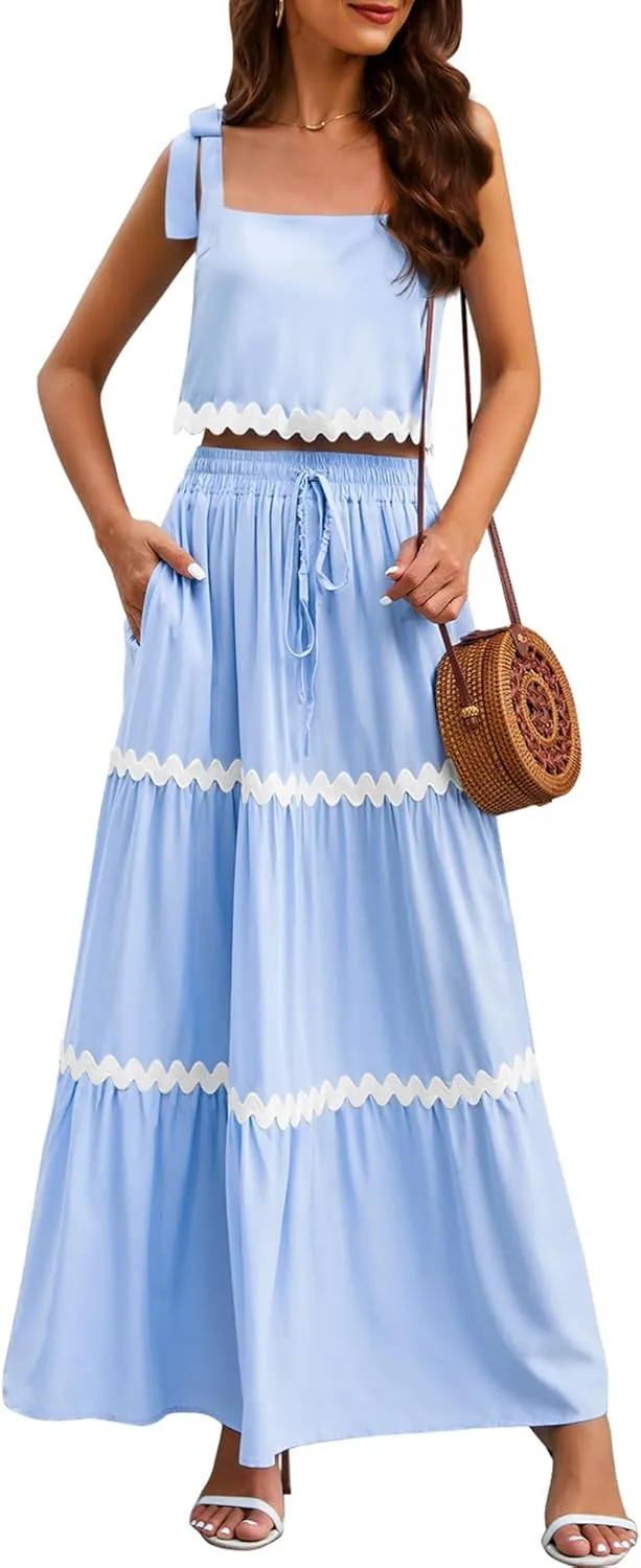 Womens Two Piece Skirt Set 2024 Summer Sets Tank Top Maxi Skirt Beach Vacation Outfits with Pockets