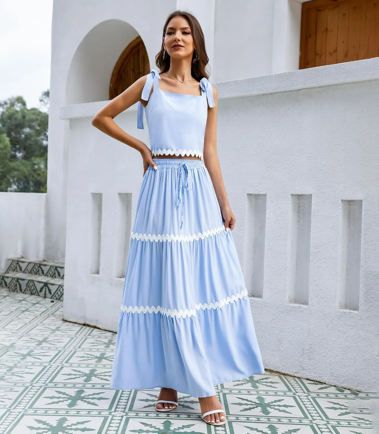 Womens Two Piece Skirt Set 2024 Summer Sets Tank Top Maxi Skirt Beach Vacation Outfits with Pockets