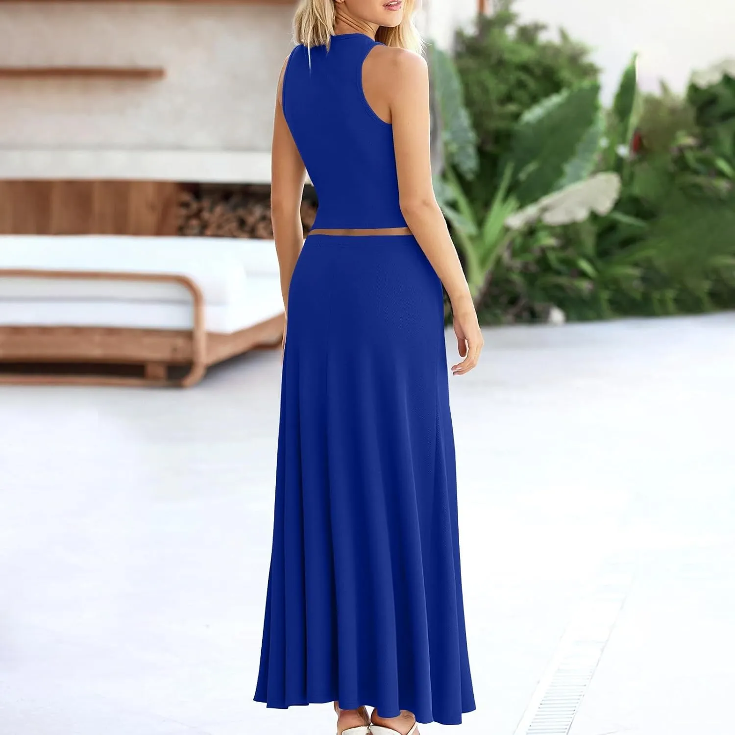 Womens Two Piece Skirt Set Casual Ribbed Knit Crew Neck Short Sleeve Slim Fit Cropped Tops and Swing Midi Skirts Sets