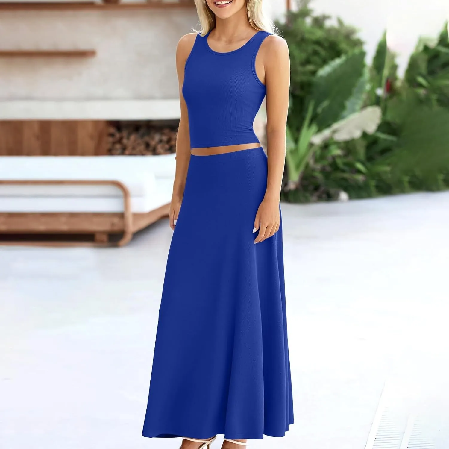 Womens Two Piece Skirt Set Casual Ribbed Knit Crew Neck Short Sleeve Slim Fit Cropped Tops and Swing Midi Skirts Sets