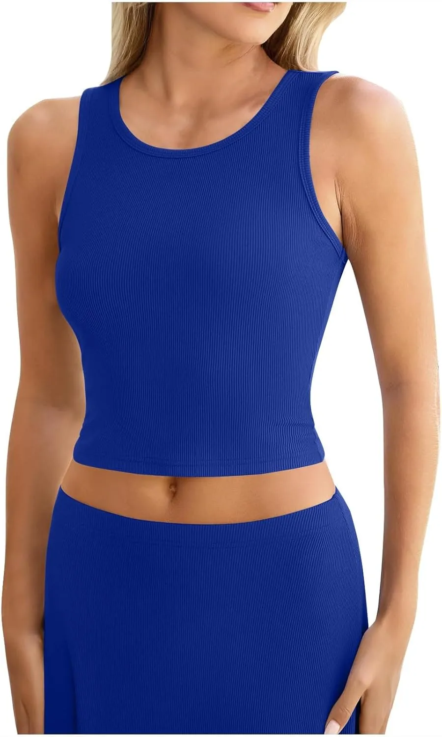 Womens Two Piece Skirt Set Casual Ribbed Knit Crew Neck Short Sleeve Slim Fit Cropped Tops and Swing Midi Skirts Sets