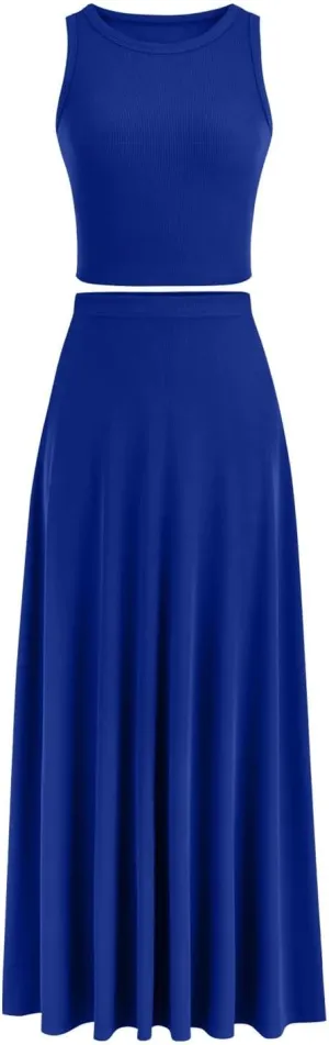 Womens Two Piece Skirt Set Casual Ribbed Knit Crew Neck Short Sleeve Slim Fit Cropped Tops and Swing Midi Skirts Sets