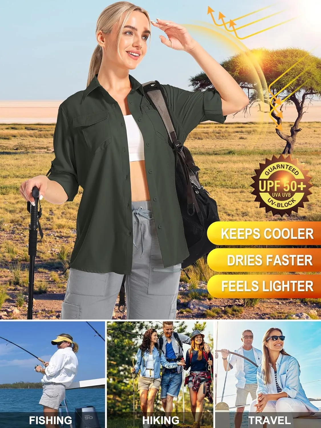 Women's UPF 50 UV Sun Protection Shirts Long Sleeve Outdoor Cool Quick Dry Safari Fishing Hiking Travel Shirts