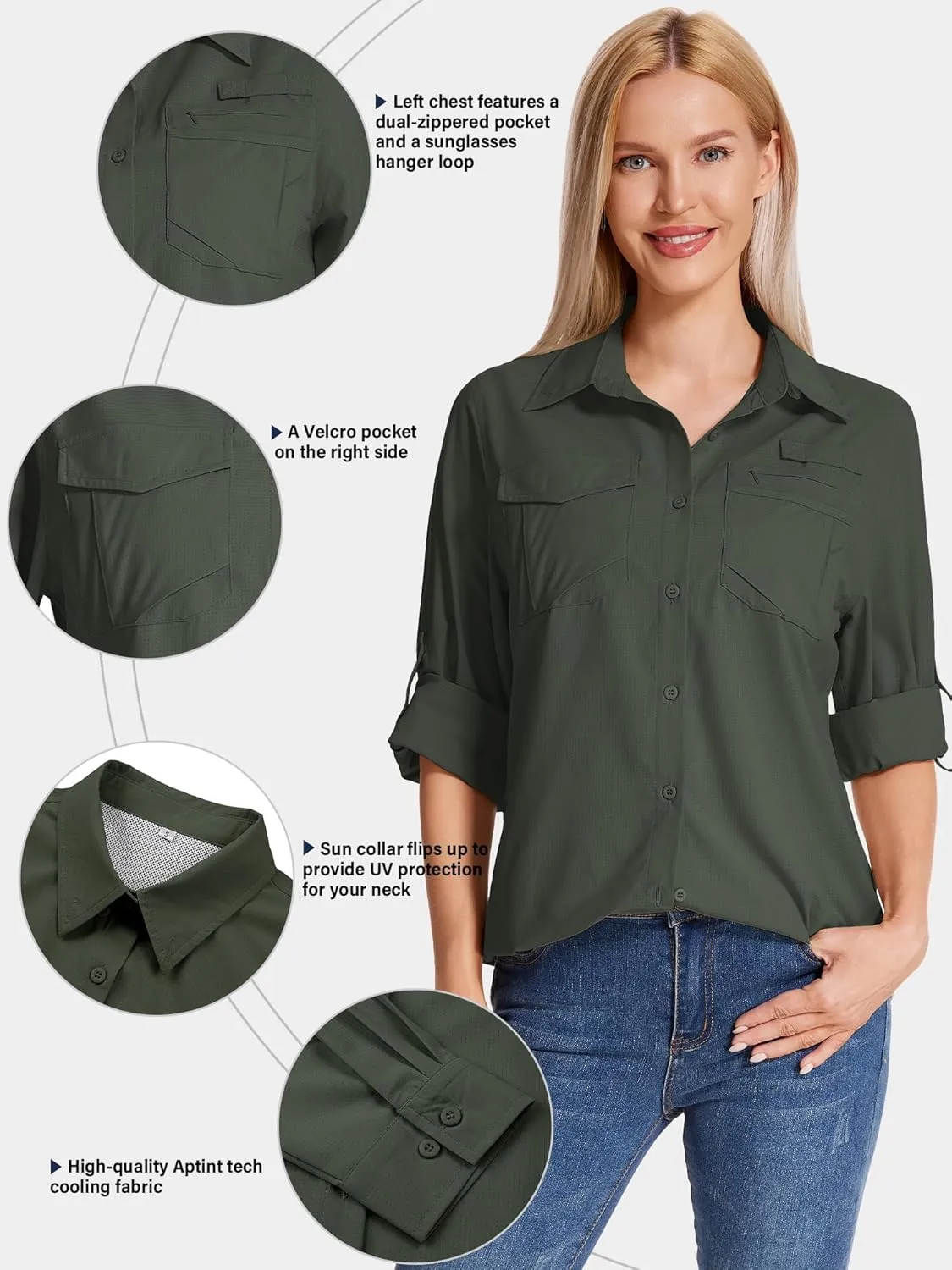 Women's UPF 50 UV Sun Protection Shirts Long Sleeve Outdoor Cool Quick Dry Safari Fishing Hiking Travel Shirts