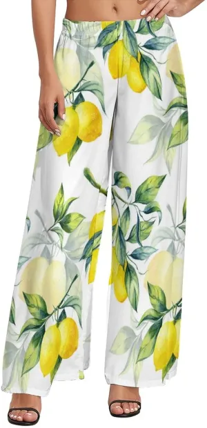 Womens Wide Leg Pants Yellow Lemons and Green Leaves Dressy High Waist Trousers Casual Loose Flowy Palazzo Pants