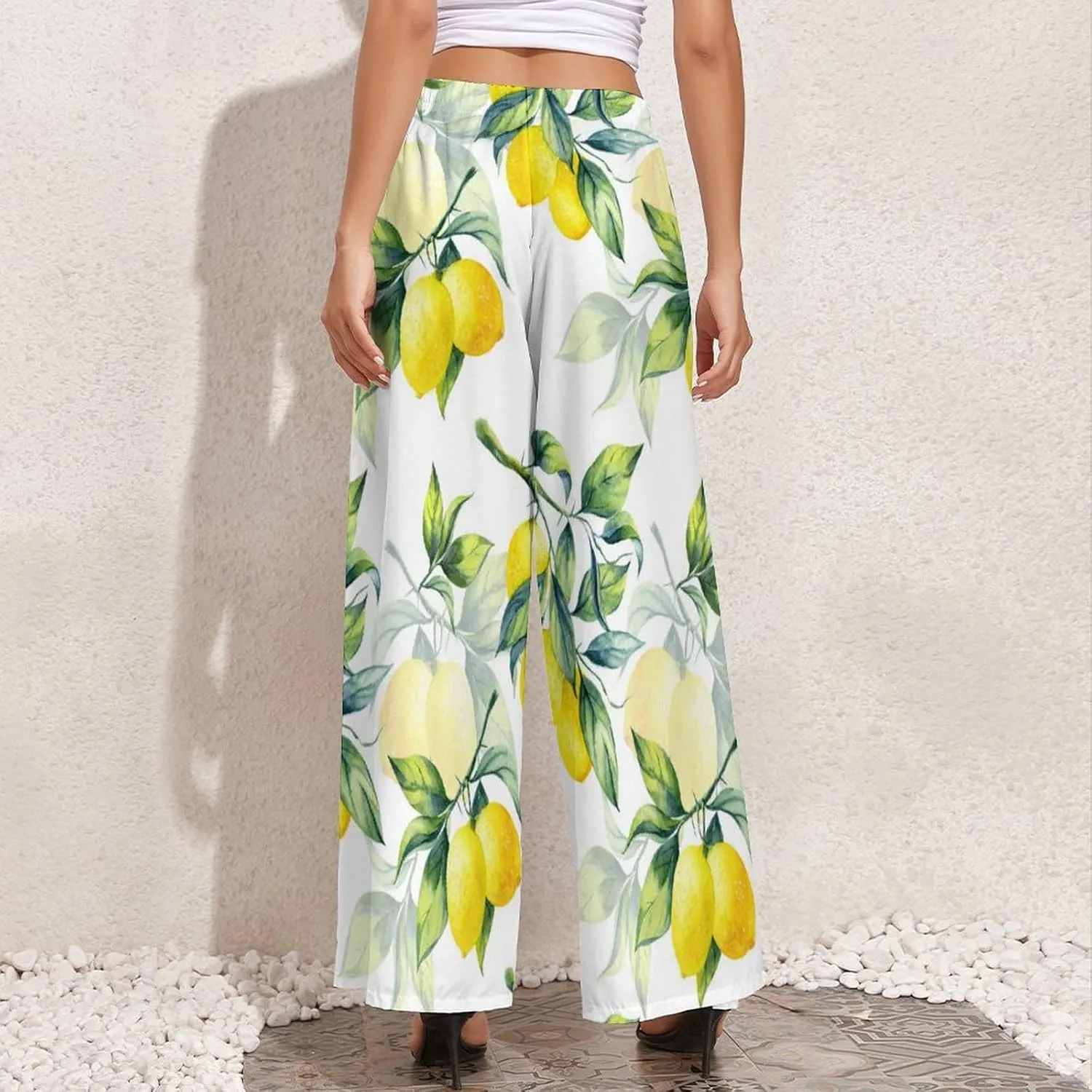 Womens Wide Leg Pants Yellow Lemons and Green Leaves Dressy High Waist Trousers Casual Loose Flowy Palazzo Pants