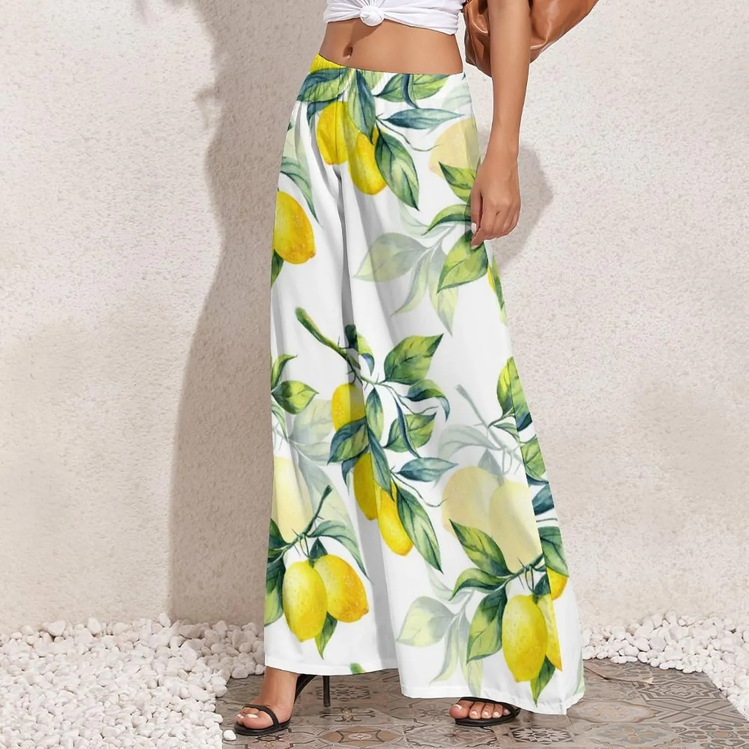 Womens Wide Leg Pants Yellow Lemons and Green Leaves Dressy High Waist Trousers Casual Loose Flowy Palazzo Pants