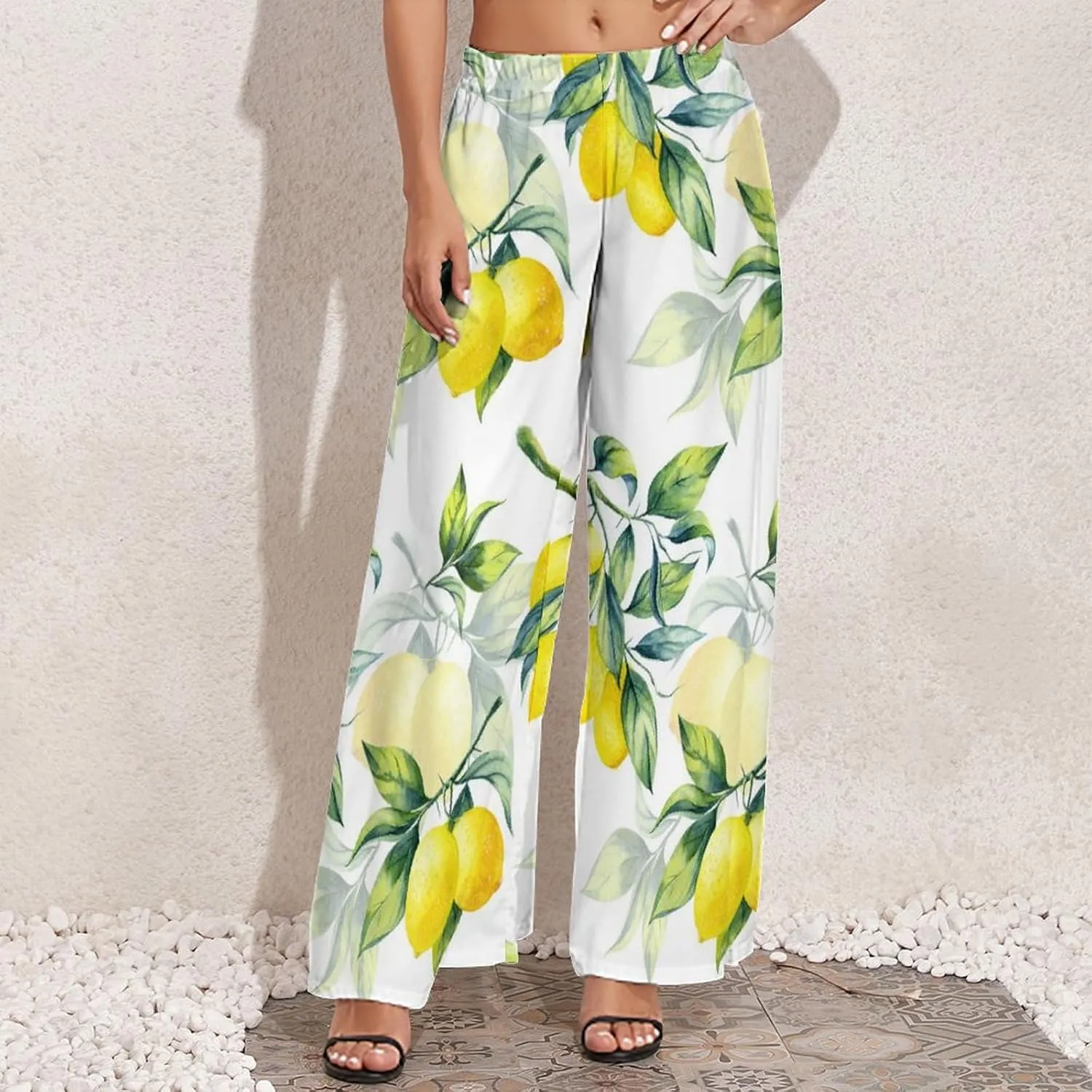 Womens Wide Leg Pants Yellow Lemons and Green Leaves Dressy High Waist Trousers Casual Loose Flowy Palazzo Pants