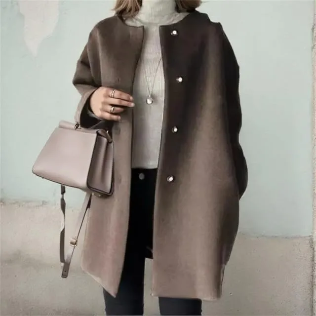 Women's Winter Warm Single Breasted Coat Casual Oversized Long Sleeve Faux Woolen Trench Coat Overcoat with Pockets
