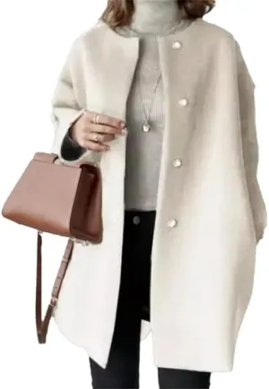 Women's Winter Warm Single Breasted Coat Casual Oversized Long Sleeve Faux Woolen Trench Coat Overcoat with Pockets