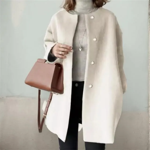 Women's Winter Warm Single Breasted Coat Casual Oversized Long Sleeve Faux Woolen Trench Coat Overcoat with Pockets