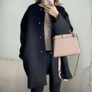 Women's Winter Warm Single Breasted Coat Casual Oversized Long Sleeve Faux Woolen Trench Coat Overcoat with Pockets