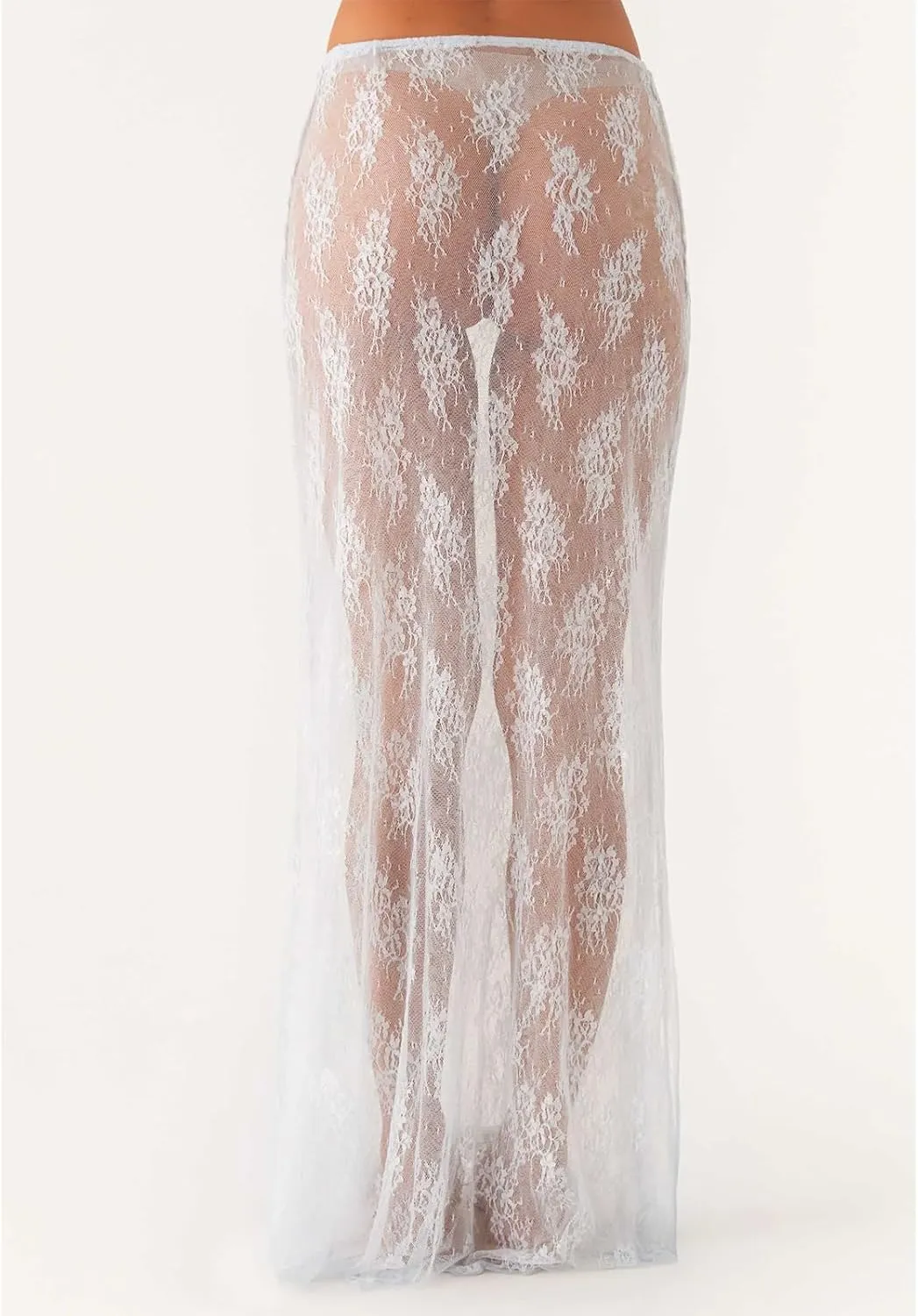 Women's Y2K Sheer Lace Skirt Floral Mesh Long Maxi Skirts Cover Up See-Through Beach Skirts Flowy Tulle Skirts