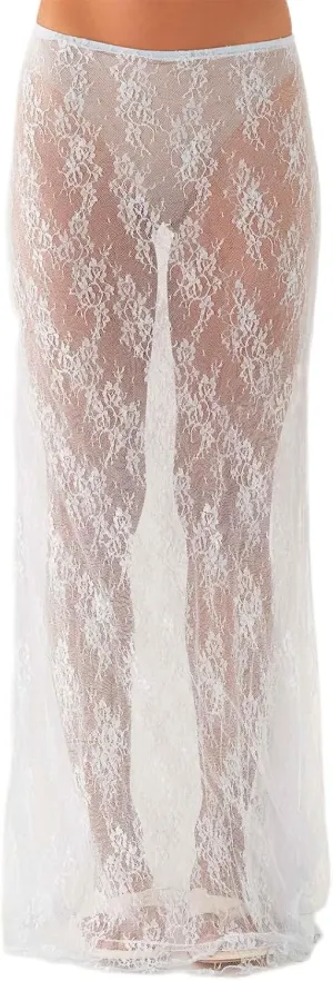 Women's Y2K Sheer Lace Skirt Floral Mesh Long Maxi Skirts Cover Up See-Through Beach Skirts Flowy Tulle Skirts