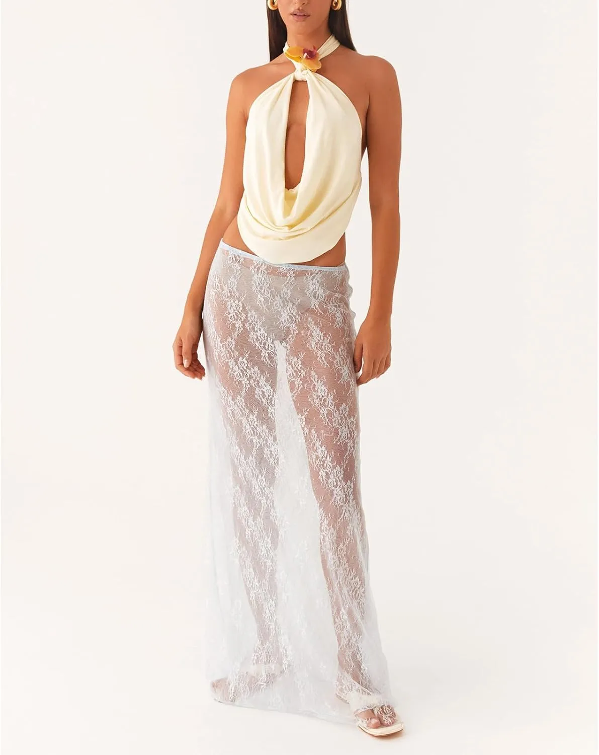 Women's Y2K Sheer Lace Skirt Floral Mesh Long Maxi Skirts Cover Up See-Through Beach Skirts Flowy Tulle Skirts