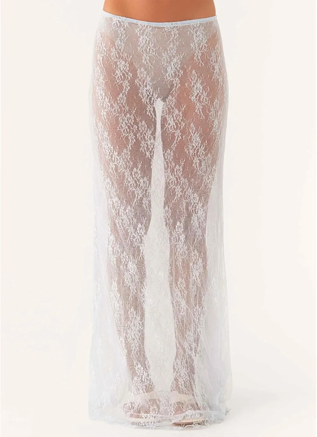 Women's Y2K Sheer Lace Skirt Floral Mesh Long Maxi Skirts Cover Up See-Through Beach Skirts Flowy Tulle Skirts