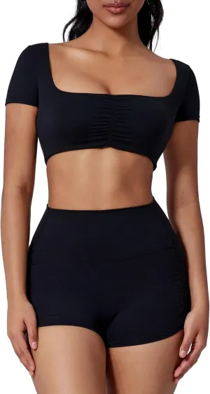 Women's Yoga Set 2 Piece Short Sleeve Wrinkled Sports Bra and High Waisted Yoga Leggings Shorts Gym Workout Outfits
