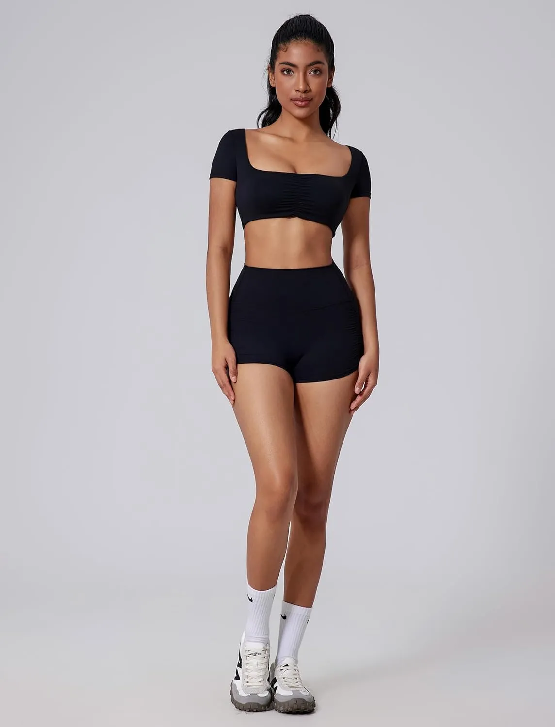 Women's Yoga Set 2 Piece Short Sleeve Wrinkled Sports Bra and High Waisted Yoga Leggings Shorts Gym Workout Outfits