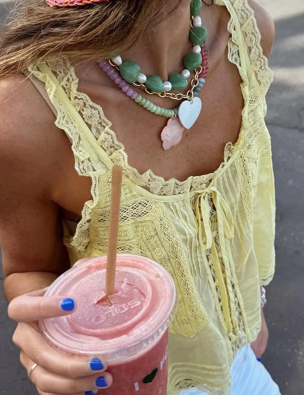 Wyeysyt Women Lace Trim Tank Tops Summer Flowers Boho Semi Sheer Tie Button Front Tops Sleeveless Mesh Going Out Cami Shirt