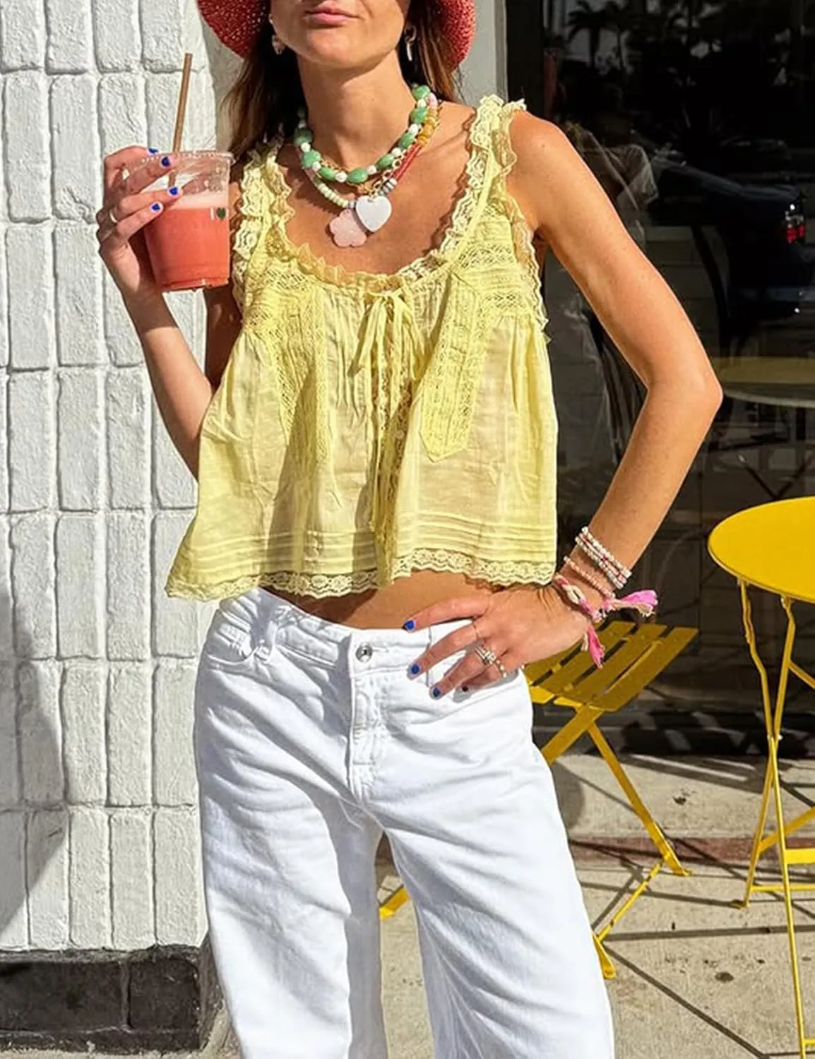 Wyeysyt Women Lace Trim Tank Tops Summer Flowers Boho Semi Sheer Tie Button Front Tops Sleeveless Mesh Going Out Cami Shirt