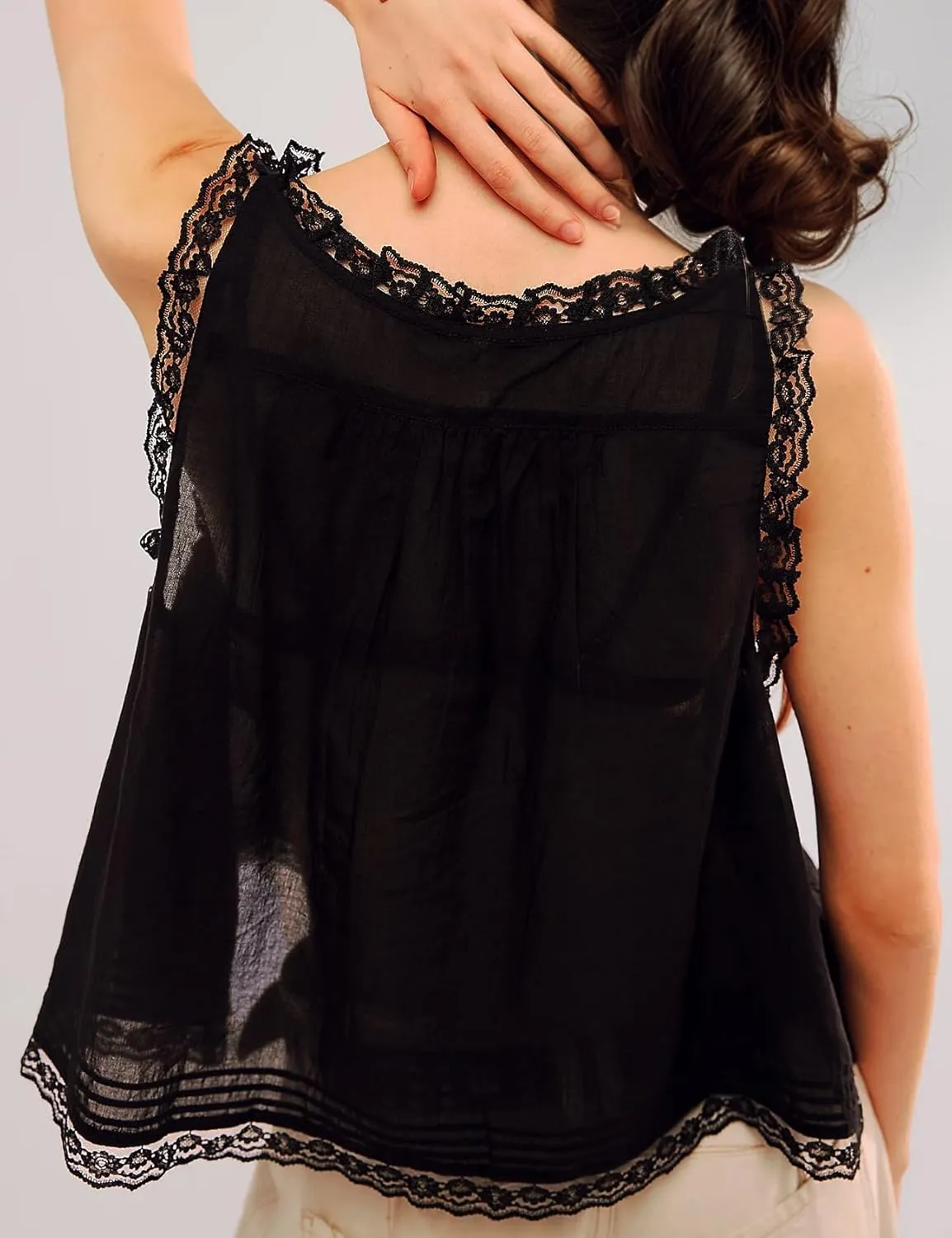Wyeysyt Women Lace Trim Tank Tops Summer Flowers Boho Semi Sheer Tie Button Front Tops Sleeveless Mesh Going Out Cami Shirt