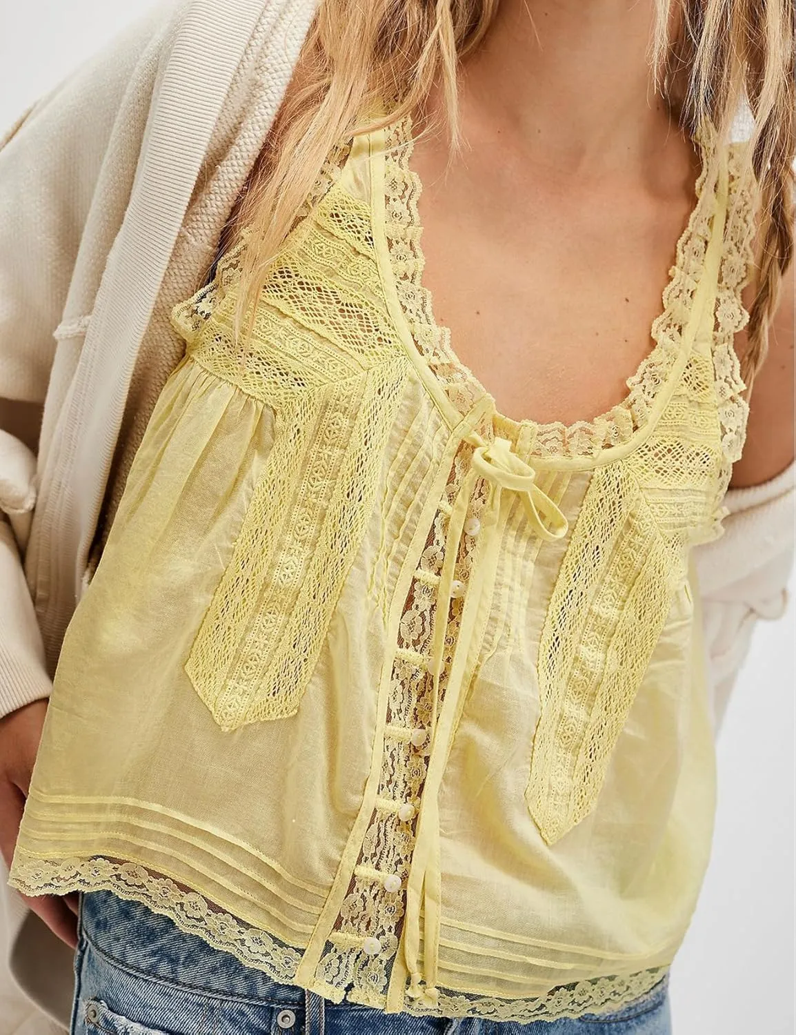 Wyeysyt Women Lace Trim Tank Tops Summer Flowers Boho Semi Sheer Tie Button Front Tops Sleeveless Mesh Going Out Cami Shirt
