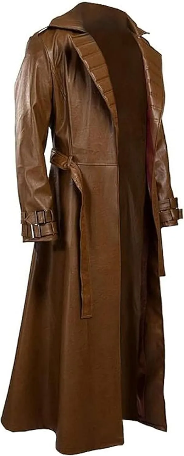 X-ception Mens Channing Halloween Cosplay Costume Brown Trench Coat Long Length - Gambit Costume Faux Leather Lapel Collar