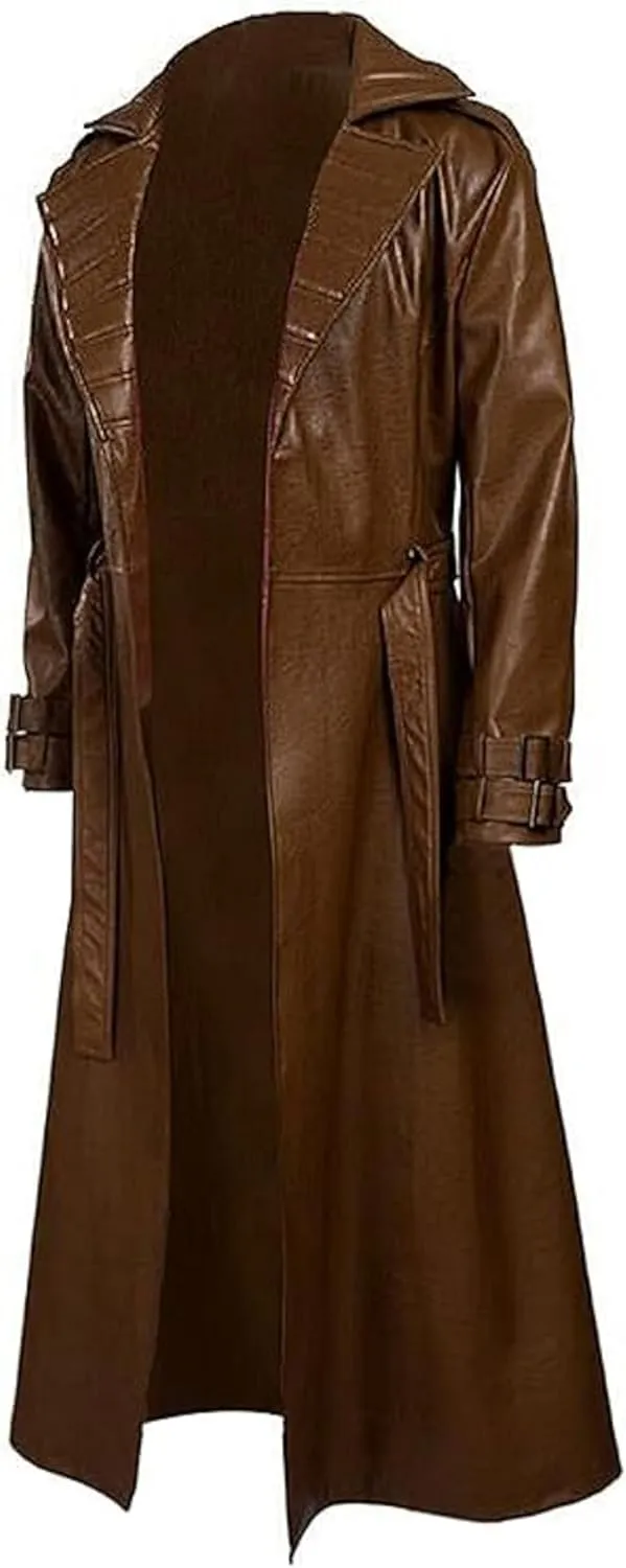 X-ception Mens Channing Halloween Cosplay Costume Brown Trench Coat Long Length - Gambit Costume Faux Leather Lapel Collar