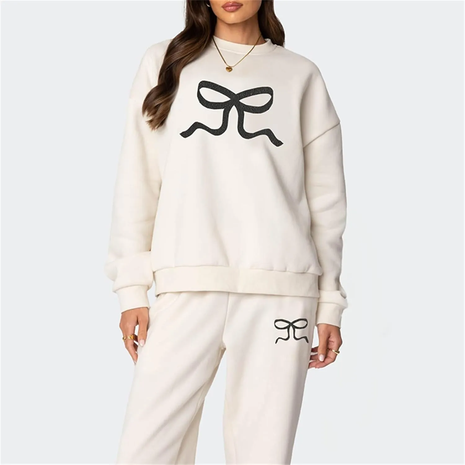 XBTCLXEBCO Bow Print Sweat Set for Women Oversized Sweatshirt and Sweatpants 2 Piece Lounge Set Fall Matching Tracksuit