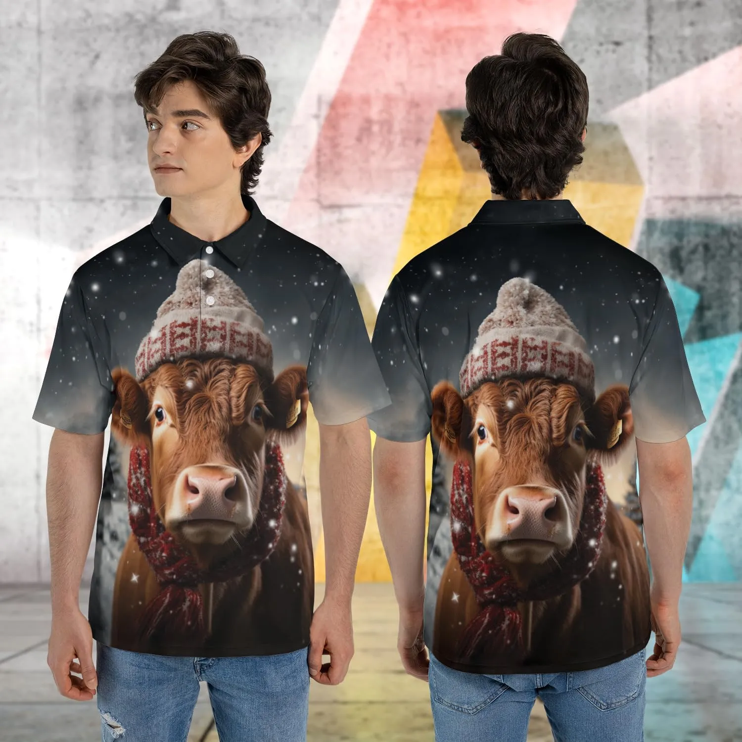 Xmas Cow Polo Shirts for Men - Galaxy Cat Mens Quick Dry Short Sleeve Polo Shirts Series 17