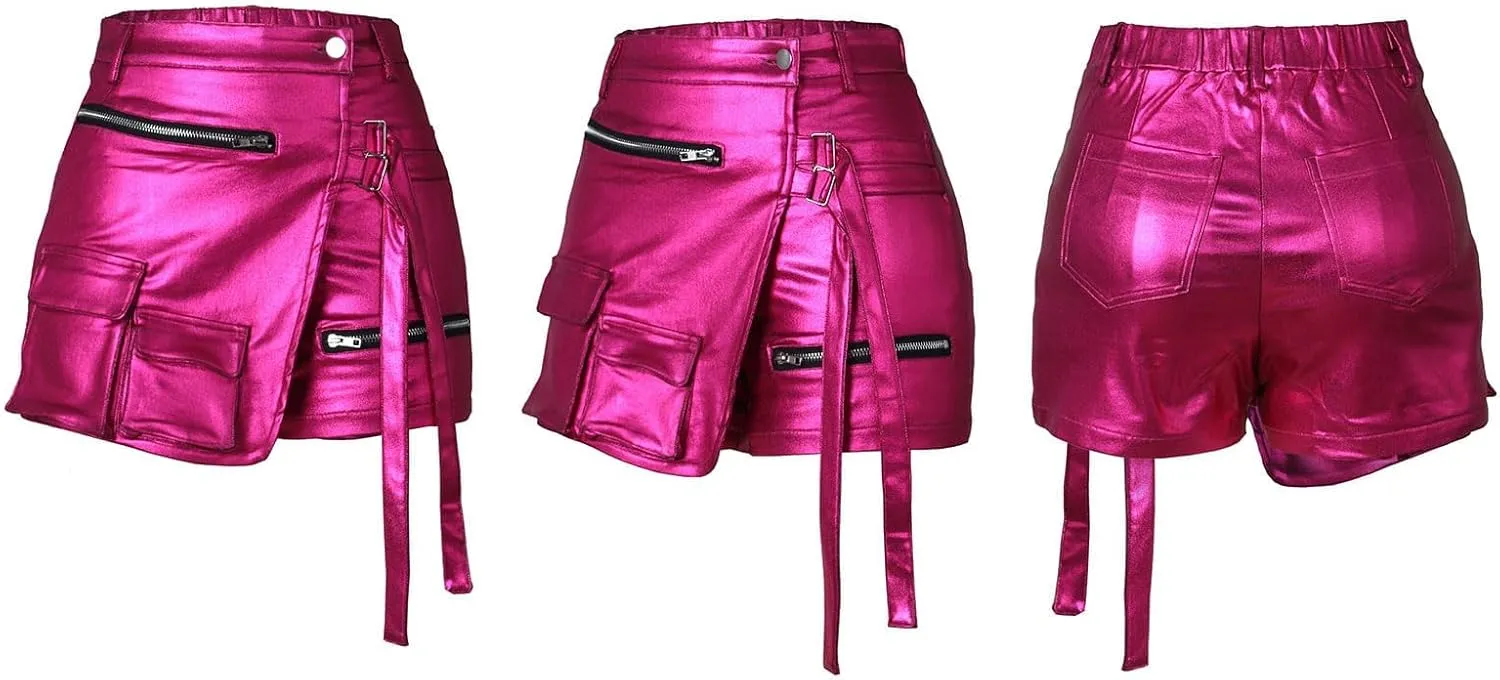 XZLUFNY Metallic Cargo Skorts for Women High Waisted Multi-Pocket A-Line Short Skirt