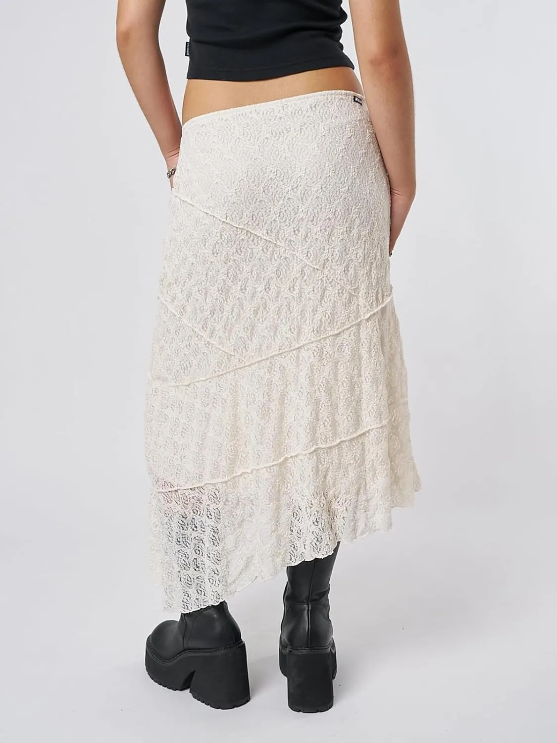 Y2K Lace Maxi Skirts for Women Floral Lace Mesh Sheer Long Skirts Asymmetrical Hem See-Through Half Slip Skirts