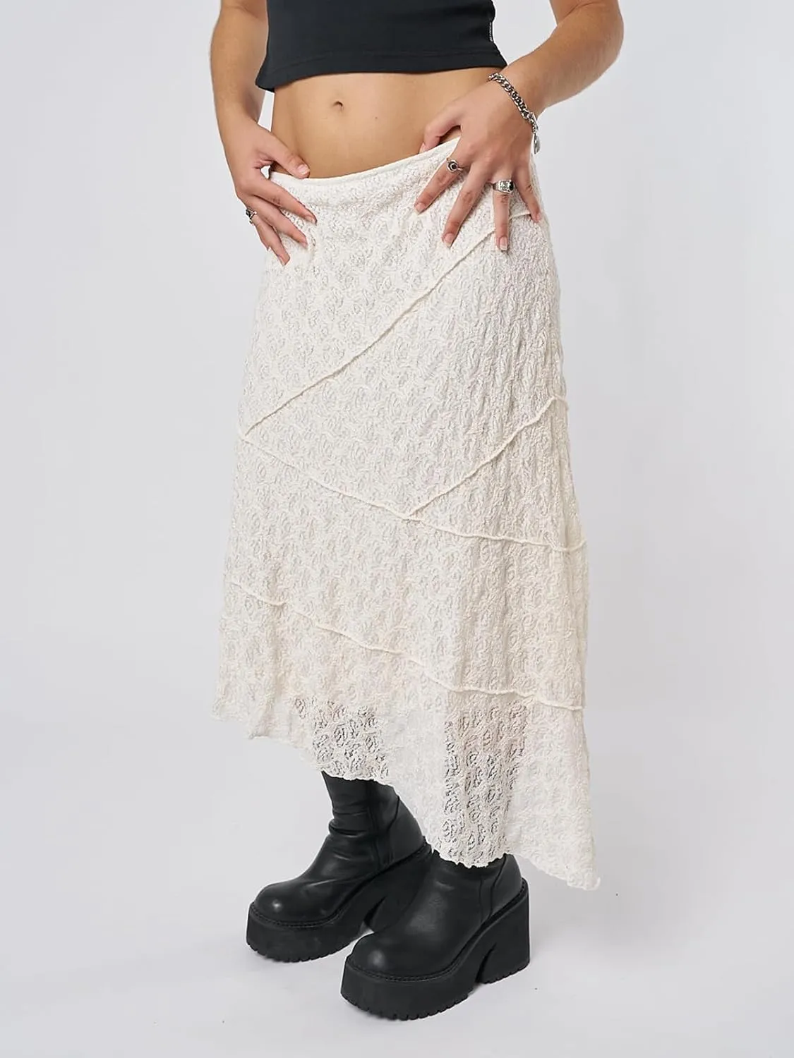 Y2K Lace Maxi Skirts for Women Floral Lace Mesh Sheer Long Skirts Asymmetrical Hem See-Through Half Slip Skirts