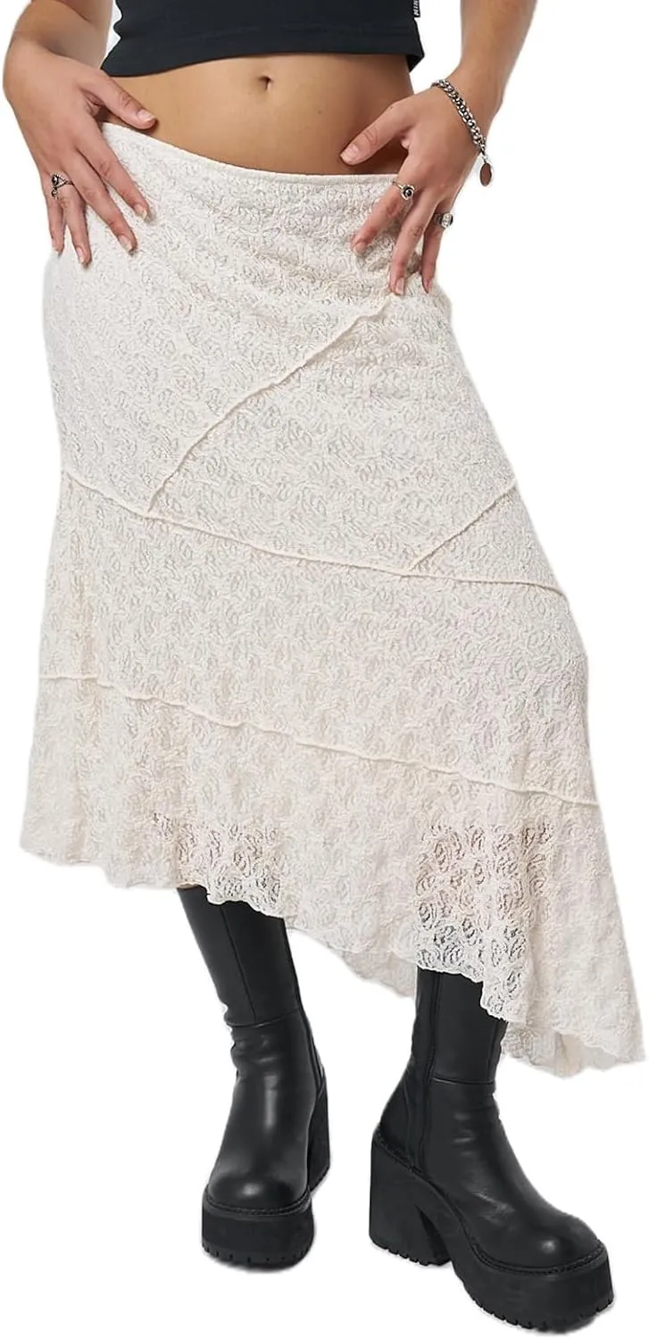Y2K Lace Maxi Skirts for Women Floral Lace Mesh Sheer Long Skirts Asymmetrical Hem See-Through Half Slip Skirts