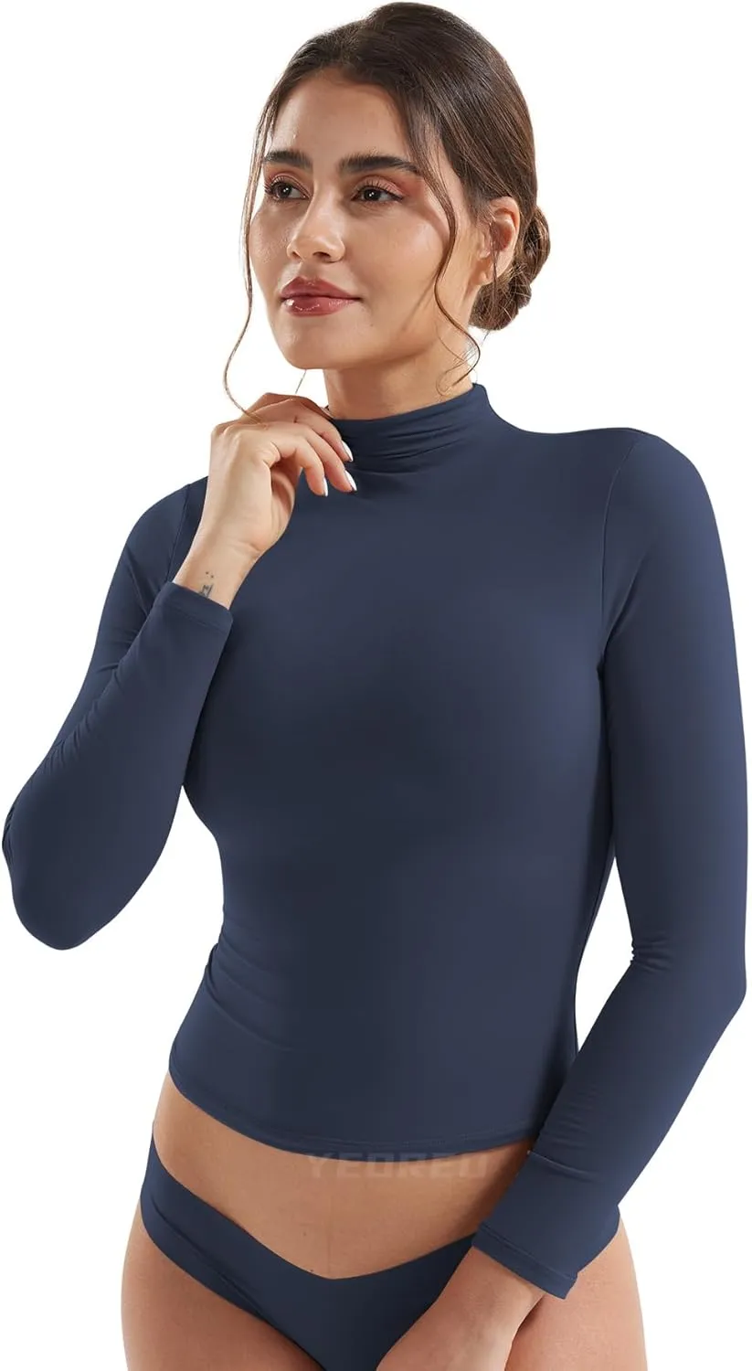 YEOREO Long Sleeve Workout Crop Mock Thermal Turtle Neck Double Lined Base Tops Shirts Women Sariah Y2k Undershirt