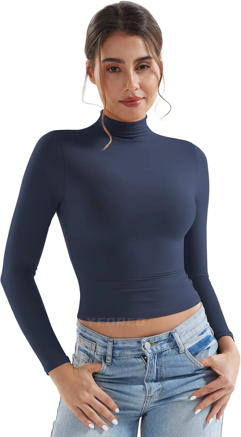 YEOREO Long Sleeve Workout Crop Mock Thermal Turtle Neck Double Lined Base Tops Shirts Women Sariah Y2k Undershirt
