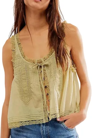 Yimoon Women Lace Trim Tank Tops Front Tie Button Front Crop Vest Y2K Going Out Tops Cute Summer Cami Sleeveless Shirt