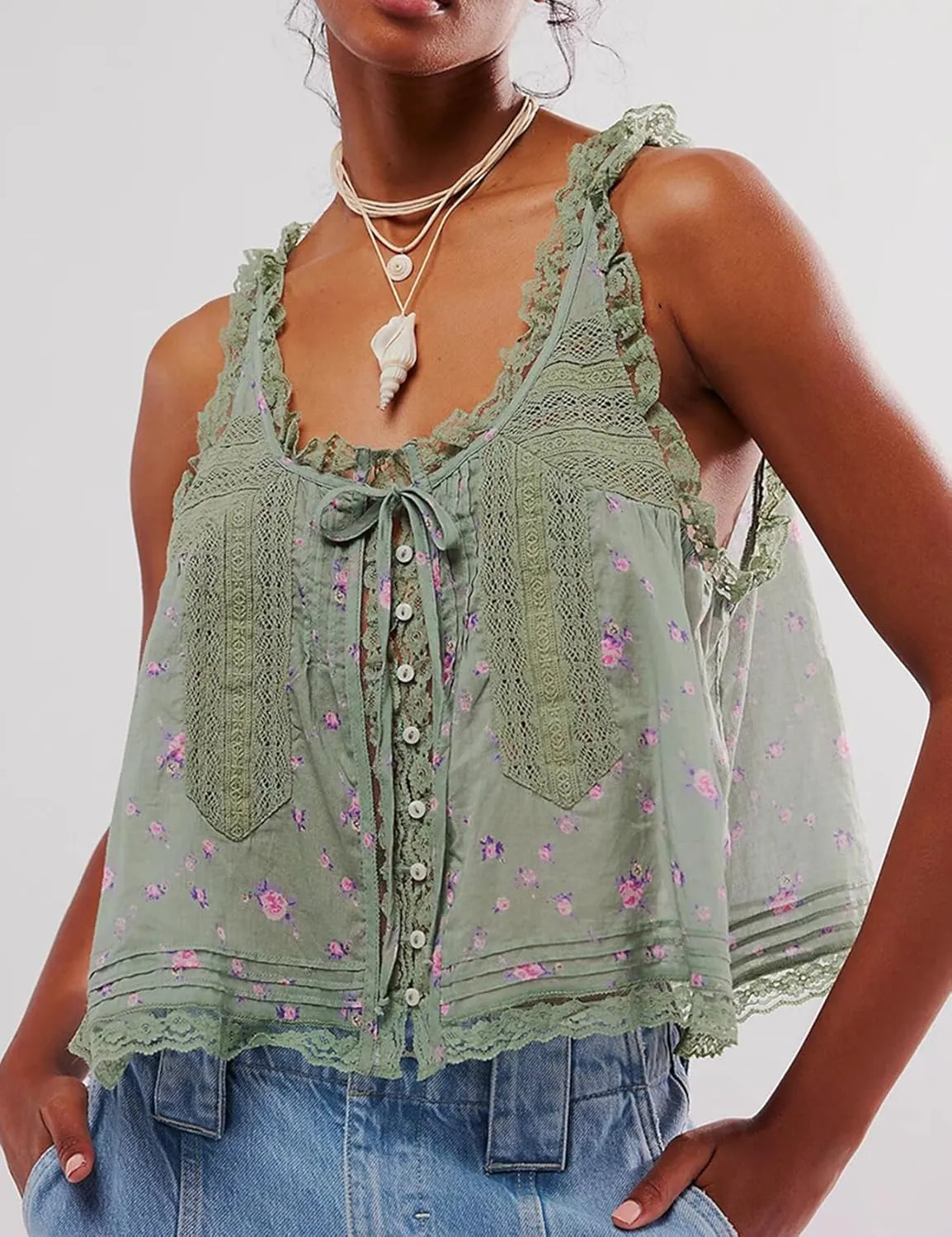 Yimoon Women Lace Trim Tank Tops Front Tie Button Front Crop Vest Y2K Going Out Tops Cute Summer Cami Sleeveless Shirt