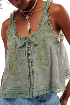 Yimoon Women Lace Trim Tank Tops Front Tie Button Front Crop Vest Y2K Going Out Tops Cute Summer Cami Sleeveless Shirt
