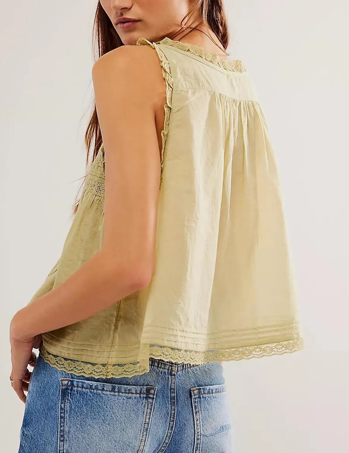 Yimoon Women Lace Trim Tank Tops Front Tie Button Front Crop Vest Y2K Going Out Tops Cute Summer Cami Sleeveless Shirt