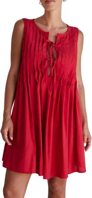 yoeasy Women's V Neck Sleeveless Mini Dress Tie Front Casual Loose Summer Pleated Swing Flowy Sundress